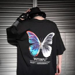 Men's T Shirts High Street Harajuku Hip Hop Loose Butterfly Print T-shirt Couple Summer Short Sleeve Pure Cotton Fashion Shirt Men Clothin