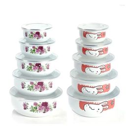 Bowls 5Pcs/ Enamel Bowl Set Creative Flower Animal Salad With Plastic Covers For Home Kitchen