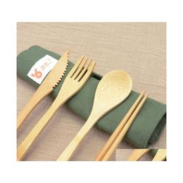 Flatware Sets Portable Bamboo Cutlery Set Outdoor Travel Flatware Knife Chopsticks Fork Spoon Dinnerware Sets For Student Tableware Dhg1M