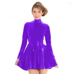 Casual Dresses 6XL High Quality PVC Turtleneck Mini Dress Women Sexy Bodycon Skater Pleated Long Sleeve Back Zipper Performance Clubwear