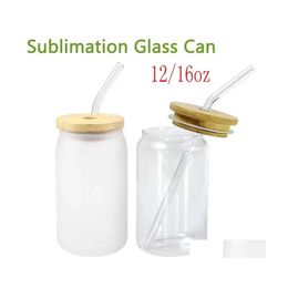 Tumblers 12Oz/16Oz Sublimation Cola Can Tumbler Clear Frosted Glass Jar With Bamboo Lid Wide Mouth Beer Cup Festival Party Wine Tumb Dhlq5