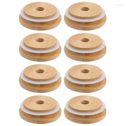 Kitchen Storage Reusable Bamboo Jar Lids 70MM Mason With Straw Hole For Wide Mouth