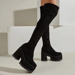 Fashion Boots Cow Suede Women Chunky Heel Over The Knee Boots Round Toe Platform Thigh High Shoes