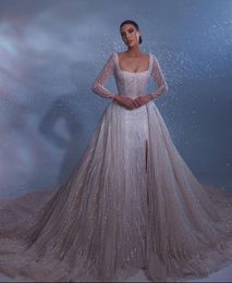 Exquisite Wedding Dresses Square Collar Bridal Gown Custom Made Sequined Split Lace Long Sleeves Wedding Gowns