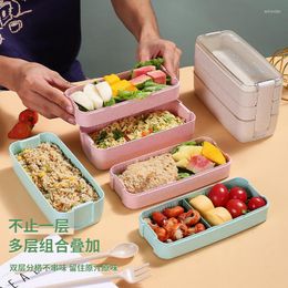 Dinnerware Sets 900ml Wheat Straw Lunch Box Office Portable Three-layer Square Sealed Tableware Divided Student Lock Freshness