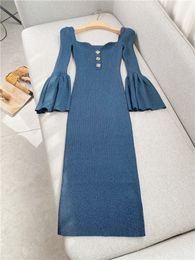 2023 Spring Blue Solid Color Knitted Dress Flare Sleeve Square Neck Buttons Midi Casual Dresses W2D080943