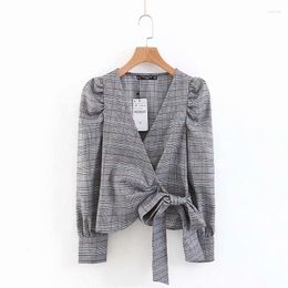 Women's Blouses PERHAPS U Women Long Full Sleeve V Neck Office Lady Grey Plaid Top Blouse Wrap Shirt B0248