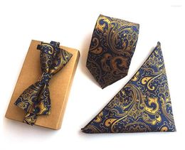 Bow Ties SCST Brand Gold Paisley Print Blue Mens Neckties Silk For Men Handkerchief And Tie With Match 3pcs Set A054