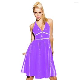 Casual Dresses 23 Colours Summer Ladies Sleeveless Deep V-neck Dress A-Line Pleated Knee-Length Elegant Glossy PVC Club Party Midi Robe