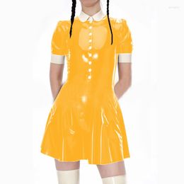 Casual Dresses Fashion Leather A-Line Dress Short Sleeve Mini Sweet College Female Turndown Collar Sexy Plus Size