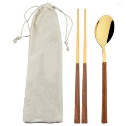 Dinnerware Sets 3Pcs Gold Travel Cutlery Set Imitation Wooden Handle Stainless Steel Chopsticks Spoon Tableware With Storage Bag