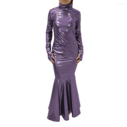 Casual Dresses Elegant Mermaid PVC Dress Turtleneck Fishtail Faux Latex Ruffle Edge Gown Long Sleeves With Mittens Party Night Clubwear