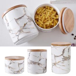 Storage Bottles Marble Pattern Ceramic Sealed Jars With Wooden Lid Salt Sugar Coffee Tea Kitchen Food Tank Container