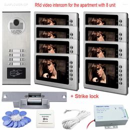 Video Door Phones Rfid Call On The Of Apartment 8 Units Wired Home Intercom 7" Colour White Monitors With Lock