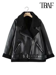 Women's Jackets TRAF Women Fashion Thick Warm Winter Fur Faux Leather Oversized Jacket Coat Vintage Long Sleeve Female Outerwear Chic Tops 221207
