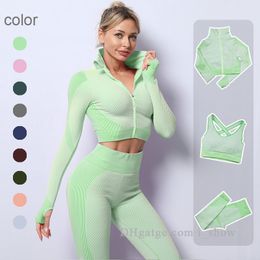 2pcs Yoga Outfits Seamless Women Yoga Set Workout Sportswear Gym Clothing Fitness Long Sleeve Crop Top High Waist Leggings Sports Bra Suits