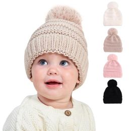 kids warm beanie cap fur ball pom poms winter hat for boys girls knitted beanies hats toddlers Slouchy Snow Knit hat infant baby Acrylic crochet bonnet caps