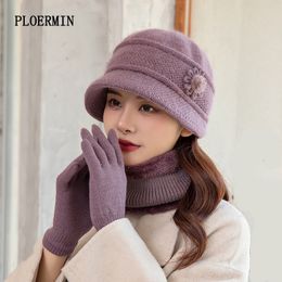 Beanie/Skull Caps Casual Winter Knitted Hat Windproof Keep Warm Scarf Gloves Set For Women Elegant Flowers Thick Rabbit Fur Bucket 221208