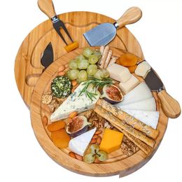 Tools Bamboo Kitchen Cheese Board and Knife Set Round Charcuterie Boards Swivel Meat Platter Holiday Housewarming Gift Wholesale FY2966 Ss1208 s