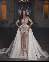 Elegant See Through Mermaid Wedding Dresses Lace Appliques Crystals Bridal Gown Custom Made Embroidery Wedding Gowns