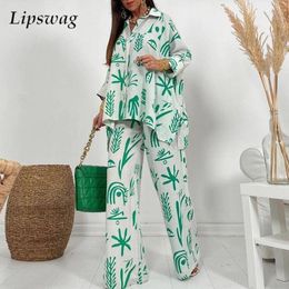 Women's Two Piece Pants Spring Lapel Long Sleeve Shirt And Wide Leg Suits Casual Graphic Print Loose Set Women Irregular Shirts Outfits 221207