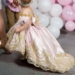 Girl Dresses Golden Lace High Low Pink Satin Girls Celebrity Birthday Party Long Train Custom