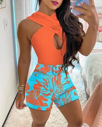 Women's Tracksuits Plants Print Cutout Halter Top & High Waist Shorts Set 2022 Summer Two Piece Sets Women Outfits Casual