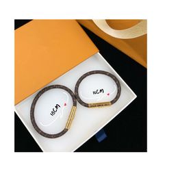 With BOX Women Men Leather Bracelets Brown Old Flower Letter Lover's Charm Brt Bangle Gold Color Jewelry Accessories 17/19CM Option