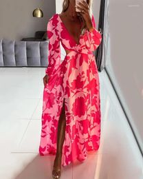 Casual Dresses 2022 Summer Women's Sexy Plunge Lantern Sleeve High Slit Cutout Floral Print Maxi Dress V Neckline Tied Detail