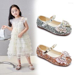 Flat Shoes Kids Princess Sequins Bowtie Round-toe Girls Single Leather Slip-resistant Party Dance Students Flats Moccasin