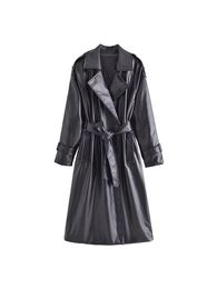 Women's Leather Faux Fall Casual Fashion Chic Belted Trench Coat Vintage Lapel Long Sleeve Slim Fit Solid Colour Jacket 221207