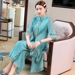 Ethnic Clothing Retro Chinese Style Cheongsam Suit Vintage Embroidery Qipao Shirt Top And Wide Leg Pants Elegant Oriental Set MT389