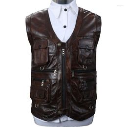 Men's Vests Cowhide Genuine Leather Vest Men Brown Waistcoat Male Sleeveless Jacket Thick Motorcycle Multi Pocket Zipper Coat
