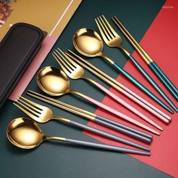 Dinnerware Sets 2/3pcs Stainless Steel Portable Tableware Set Golden Mirror Fork Spoon Chopsticks Suit Lunch Box Cutlery Home Kitchen Dishes