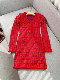 2023 Spring Red Solid Colour Panelled Knitted Slim Dress Long Sleeve V-Neck Double Pockets Short Casual Dresses W2D081106