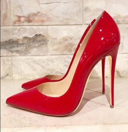 Women High Heel Shoes Genuine Leather Sexy Pointed toe Pumps 8cm 10cm 12cm Thin Heels Wedding Shoes Nude Black Red White Blue Shiny Shoe with Bag and Box