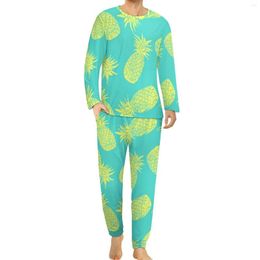 Men's Sleepwear Yellow Pineapple Pyjamas Spring 2 Pieces Tropical Fruit Print Soft Set Male Long Sleeves Room Custom Home Suit 4XL 5XL