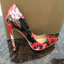Women Gloossy Floral Printed Shoes New Pointed Toe Red Bottoms High Heels Flowers 8cm 10cm 12cm Ladies Party Dress Shoes Sexy Patent Stiletto Pumps Wedding Pump