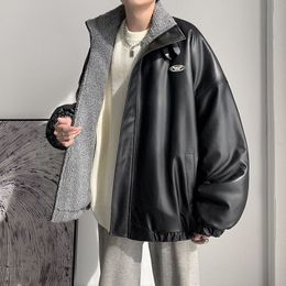 Men's Down Parkas Men Jacket PU Leather and Lamb Wool Two sided Wear Padded Autumn Winter Hip Hop Thick Warm Oversize Coat Punk Streetwear 221207