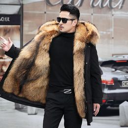 Men's Vests Winter Parka Men's Imitation Fur Mink Coat Mid-Length Overknee Long Overcoat Liner Raccoon Wool Cotton-Padded