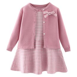 Girls Dresses Autumn childrens baby sweater knitting long sleeve dress Christmas Day party girls plaid coat Plaid vest suit 221208