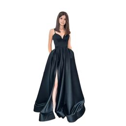 Elegant Black Long Formal Evening Dresses Long Vestidos De Fiesta A-Line 2023 High Slit Satin Simple Prom Party Gowns