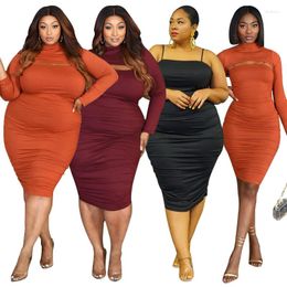 Work Dresses 2022 Women's Solid Color Two-Piece Set XL-5XL Tight Sexy Long-Sleeved Suspenders Large Size Suit