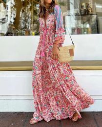 Casual Dresses For Women 2022 Summer Paisley Print Bell Sleeve Drawstring Maxi Dress Tassel Flared Female