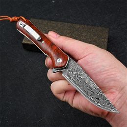Special Offer Damascus Flipper Pocket Knife VG10 Damascus Steel Drop Point Blade Rosewood Handle EDC Folding Knives H1369