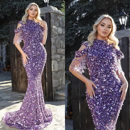 Arabic Purple Sequined Mermaid Evening Dresses Beads Crystal Off Shoulder Prom Formal Party Second Reception Gowns