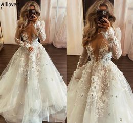 V Neck Floral Lace A Line Wedding Dresses With Long Sleeves Sexy See Through Appliqued Arabic Aso Ebi Bridal Gowns Tulle Sweep Train Plus Size Vestidos De Novia CL1581