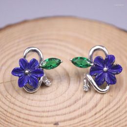 Stud Earrings Real Silver 925 For Women Female Korean Natural Lapis Lazuli Gemstone Flower National Style