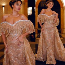 2023 Arabic Aso Ebi Gold Sheath Prom Dresses Beaded Crystals Evening Formal Party Second Reception Birthday Engagement Gowns Dress ZJ505