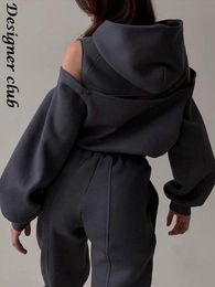 Women's Two Piece Pants Women Solid Sets Hoodie Off Shoulder Sweatshirts And Pant Suit Female Fashion Tracksuits 221207
